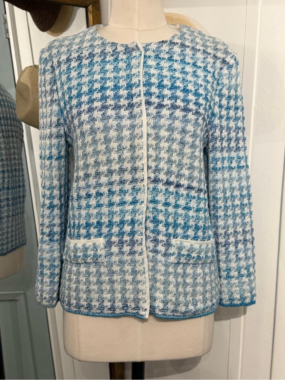 Amina Rubinacci Textured Houndstooth Tweed Sweater Blazer Jacket Collarless 42/6